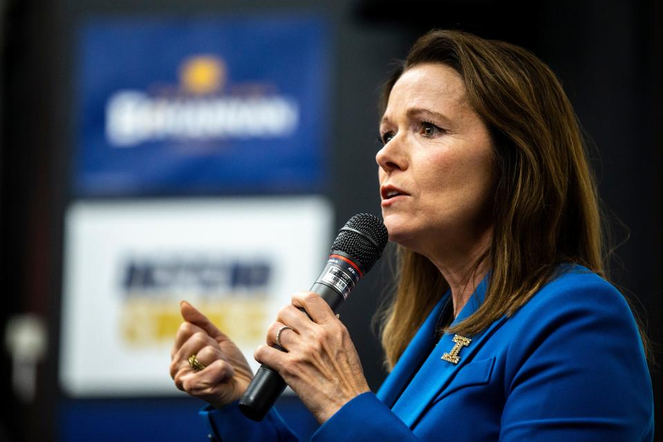 1st Congressional District candidate state Rep. Christina Bohannan, D-Iowa City, speaks during a "Get Out The Vote" rally with the University of Iowa Democrats, Wednesday, Oct. 19, 2022, at the Iowa Memorial Union in Iowa City, Iowa.