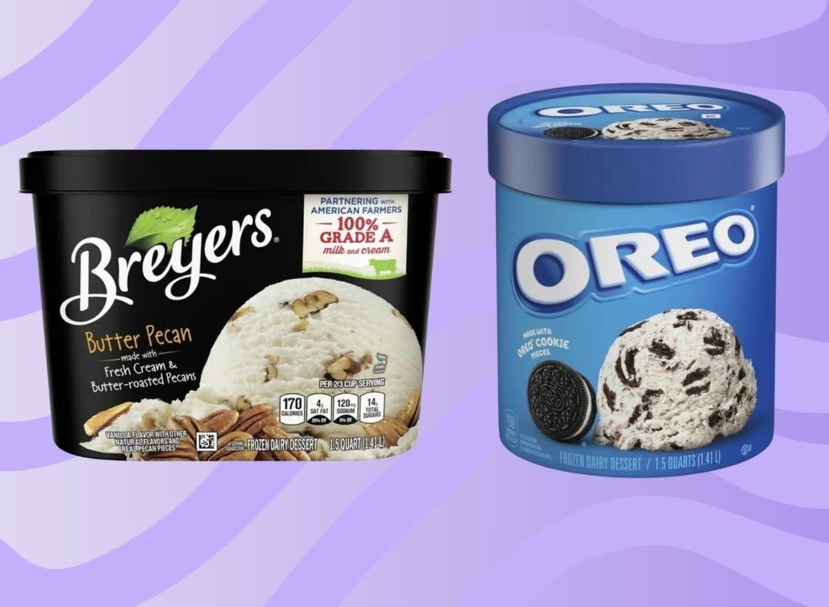 breyers butter pecan frozen dairy dessert and oreo frozen dairy dessert on a lavender designed background