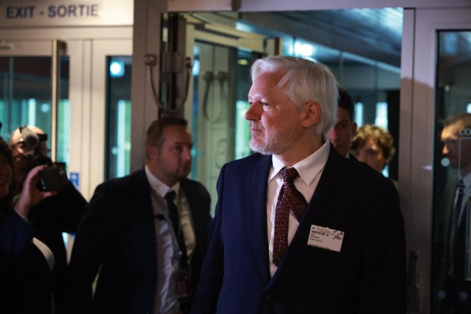 Assange arrives at the European council in Strasbourg, his first public appearance following release (Getty)