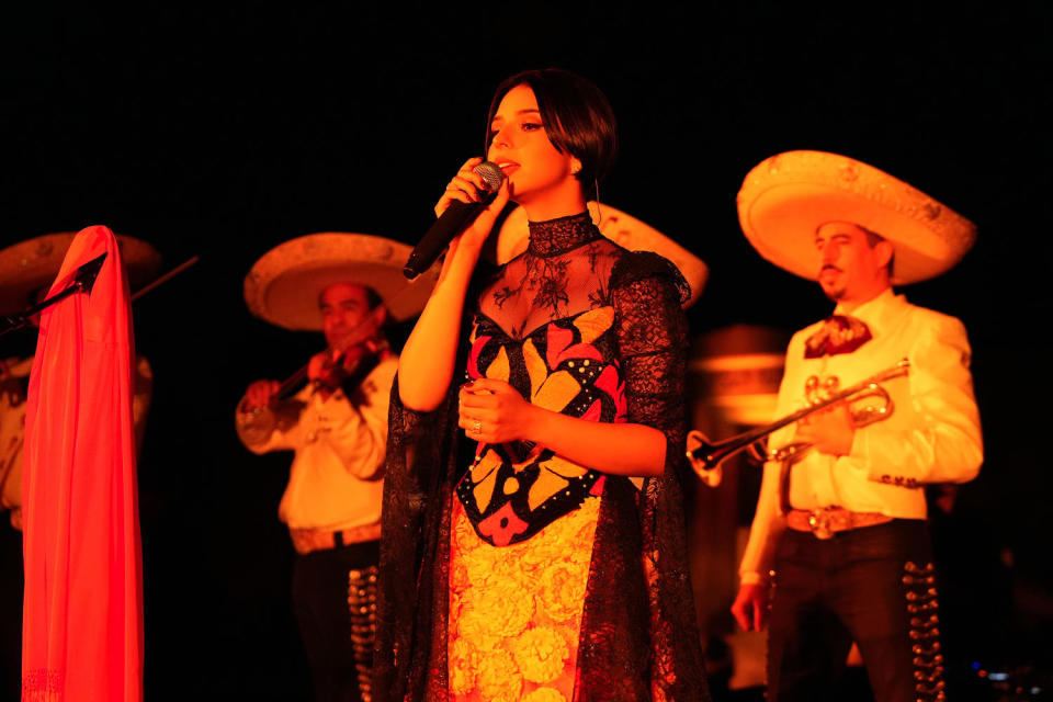 Ángela Aguilar performs onstage during Carlos Eric Lopez’s third annual Día de Muertos Celebration at Hollywood Forever on Nov. 1, 2023 in Hollywood. (Gonzalo Marroquin / Getty Images)