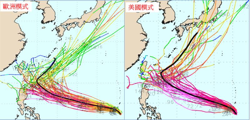 圖：最新(23日20時)歐洲(ECMWF左圖)及美國(GEFS右圖)系集模式模擬顯示，「瑪娃」的系集平均路徑(粗黑線)，大約在未來6至7天於台灣東側、接近巴士海峽時，逐漸向東北大迴轉，但其各別系集路徑(細線)仍然非常分散。(圖擷自weathernerds)