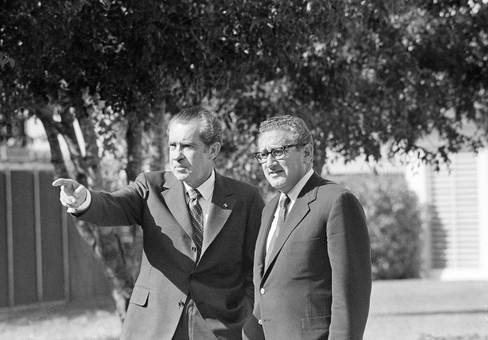 President Richard Nixon points out some of the beauty surrounding his Florida retreat at Key Biscayne to Henry Kissinger, prior to their "extensive consultations," Dec. 2, 1972.