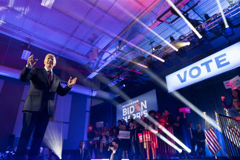 US President Joe Biden gestures to the audience after speaking at a campaign event in North Las Vegas, NV, February 2024