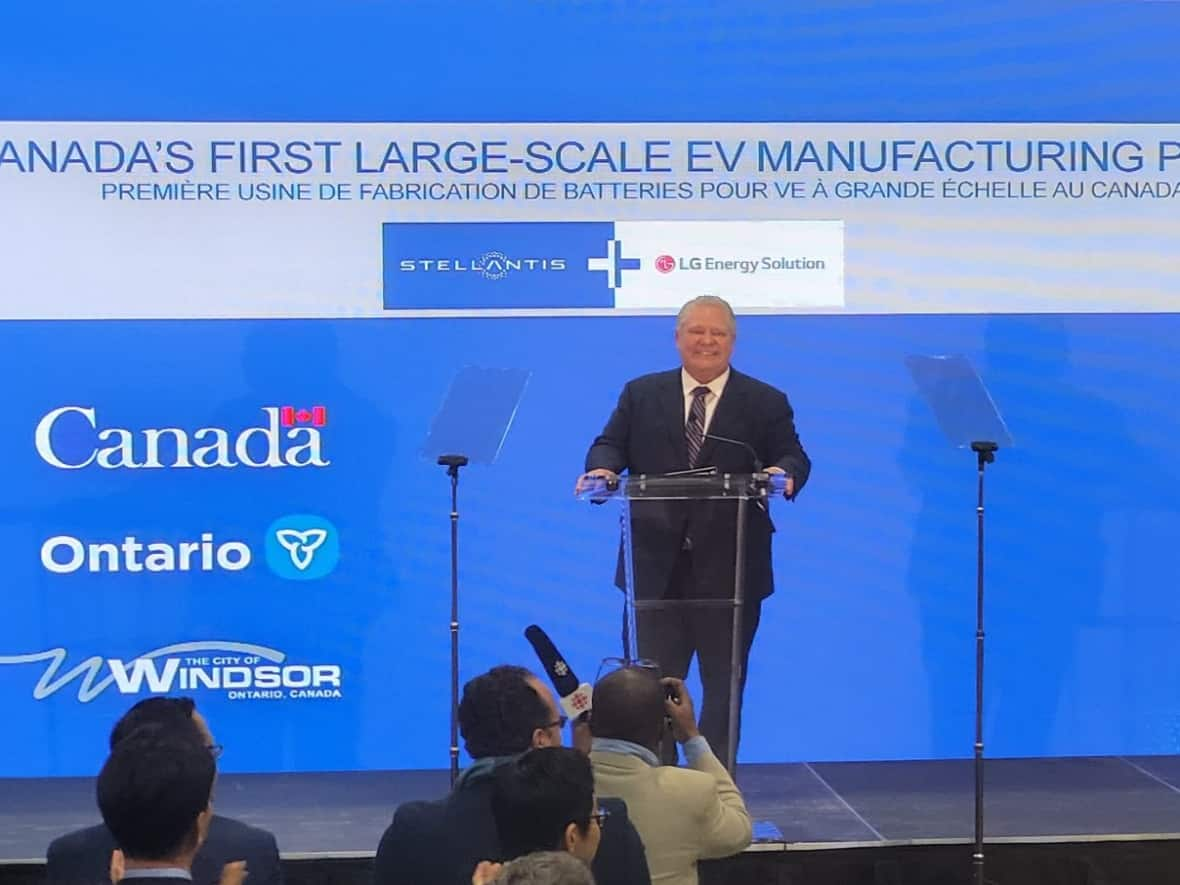 Premier Doug Ford along with federal and municipal officials confirmed on Wednesday that Windsor, Ont., will be home to an important electric vehicle battery manufacturing plant. (Mike Evans/CBC - image credit)