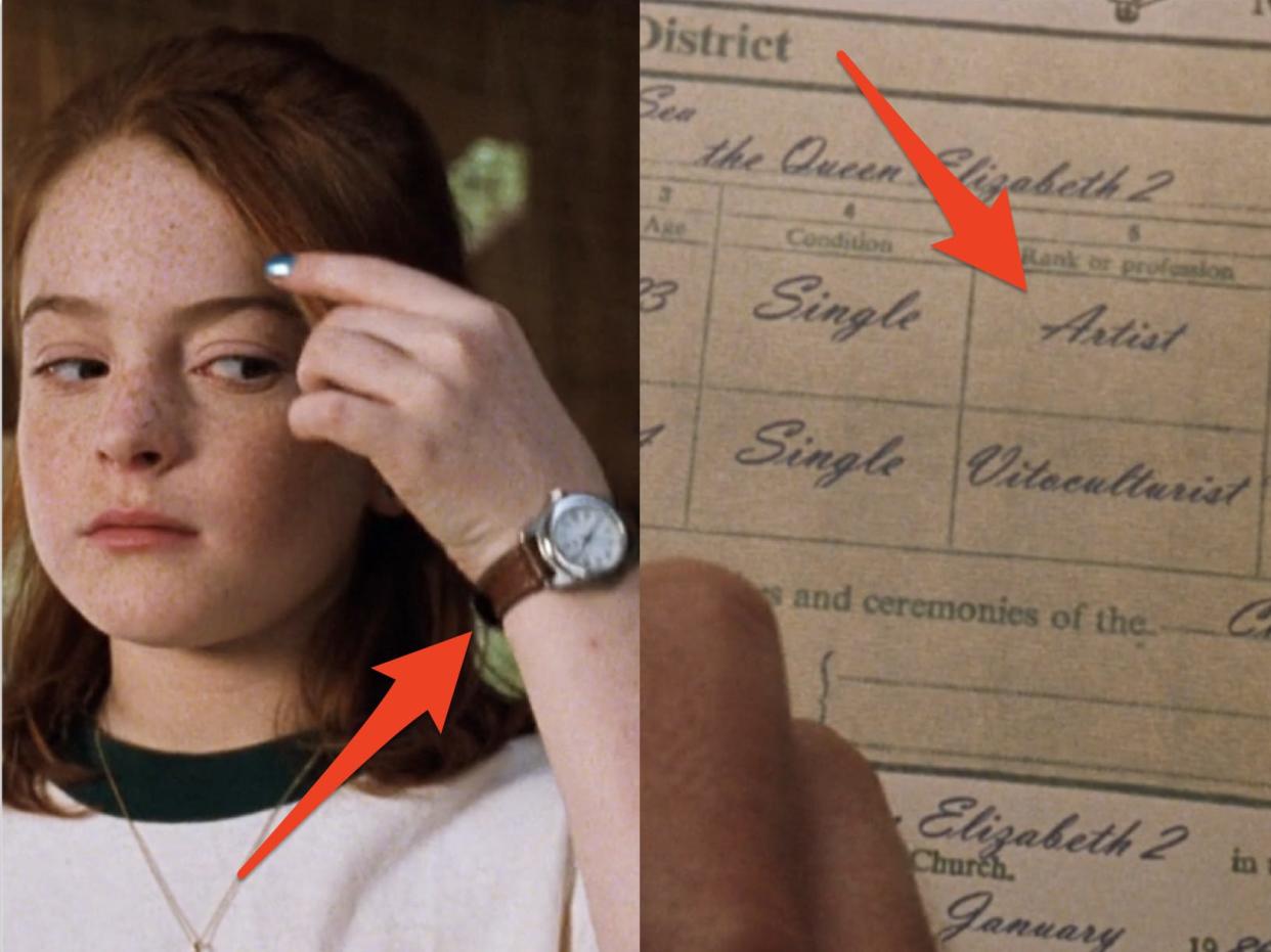 Lindsay Lohan measuring her hair and wearing a watch. Marriage certificate between Elizabeth and Nick in "The Parent Trap."