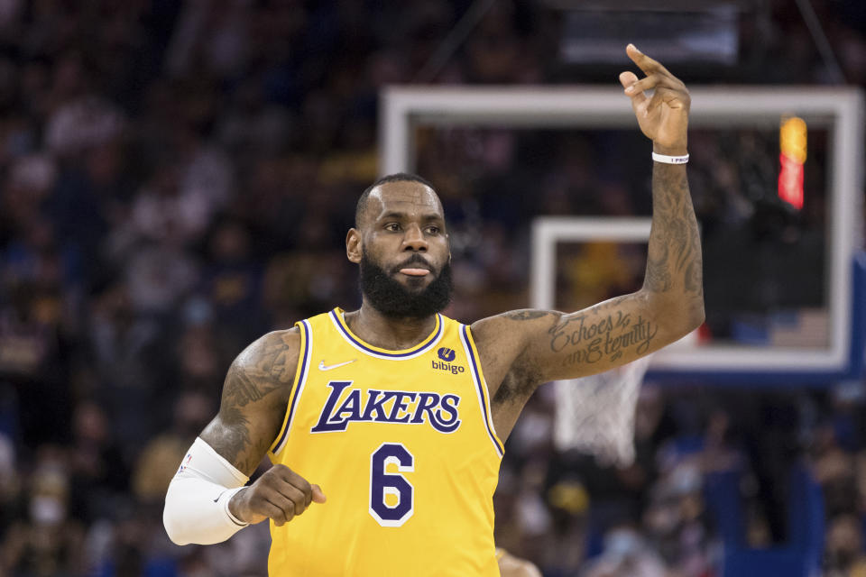 Los Angeles Lakers forward LeBron James (6) gestures during the first half of an NBA basketball gameagainst the Golden State Warriors in San Francisco, Saturday, Feb. 12, 2022. (AP Photo/John Hefti)