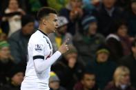 Football Soccer - Norwich City v Tottenham Hotspur - Barclays Premier League - Carrow Road - 2/2/16 Tottenham's Dele Alli celebrates scoring their first goal Action Images via Reuters / Paul Childs Livepic EDITORIAL USE ONLY. No use with unauthorized audio, video, data, fixture lists, club/league logos or "live" services. Online in-match use limited to 45 images, no video emulation. No use in betting, games or single club/league/player publications. Please contact your account representative for further details.