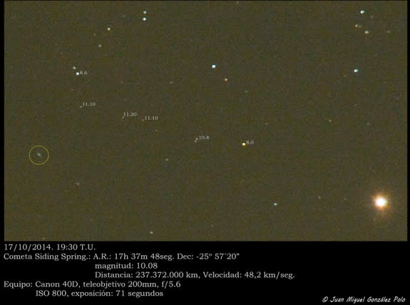 Astrophotographer Juan Miguel González Polo sent in a photo of comet Siding Spring (circled) taken in his personal observatory in Cáceres, western central Spain, on Oct. 7, 2014. He notes that it was already far from Mars when he obtained the