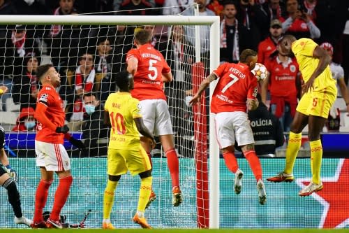 Ibrahima Konate scores for Liverpool at Benfica in the Champions League QFs