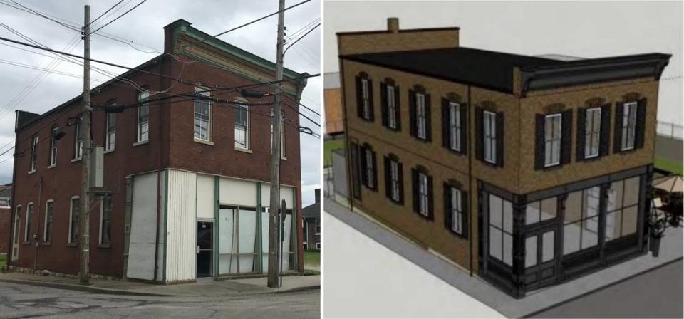 Developer Kathy Mordini is in the process of buying the 1887 storefront at 127 Mascoutah Ave. in Belleville. An artist rendering at right shows what it’s expected to look like after renovations.