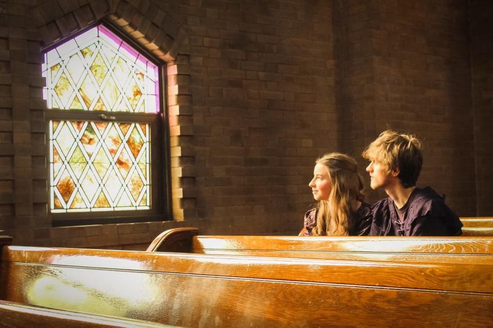 Chloe Berns-Schweingruber, left, and Ember Biggs play Romeo and Juliet in Story Theater Company's production of Shakespeare's play, which will be staged March 31, April 1 and April 2 at the ISU Student Innovation Center auditorium.