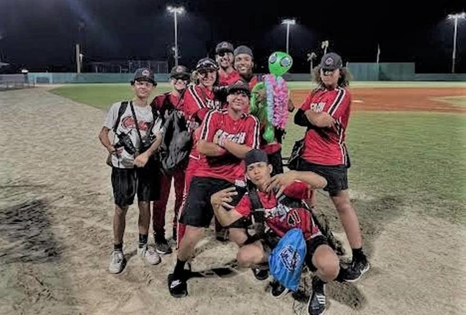 Members of the Miami Beach baseball team including back from left, Daniel Milian, Jacob Gaynor, Jullian Corniel, Alexander Allocco, Jean Aleu, and Adrian Corniel; front, Yeiber Vivas and Lenox Muñoz.