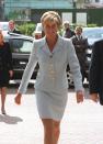 <p>In April 1997, Diana wore one of her most iconic looks–a blue Versace blazer and matching skirt–on a visit to the Royal Brompton Hospital.<br></p>