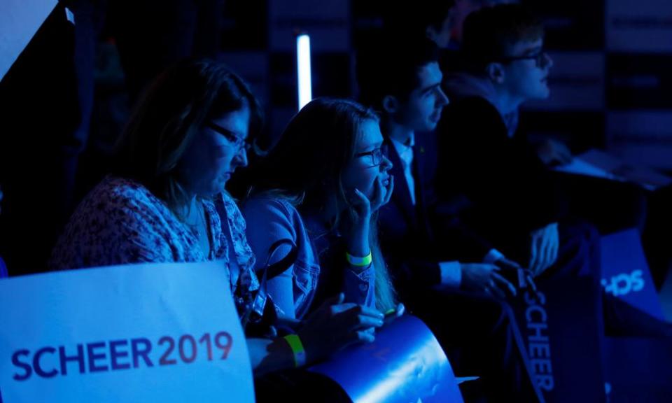 Conservative leader Andrew Scheer supporters watch the election results come in at his campaign headquarters