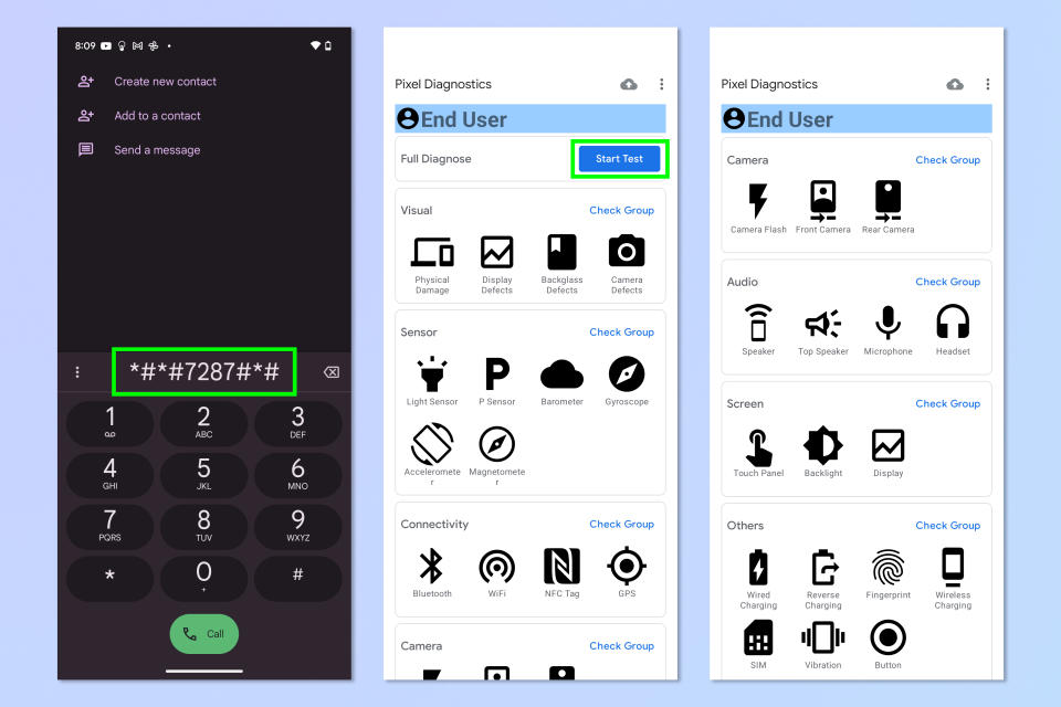 A screenshot showing how to enter Pixel Diagnostics menu