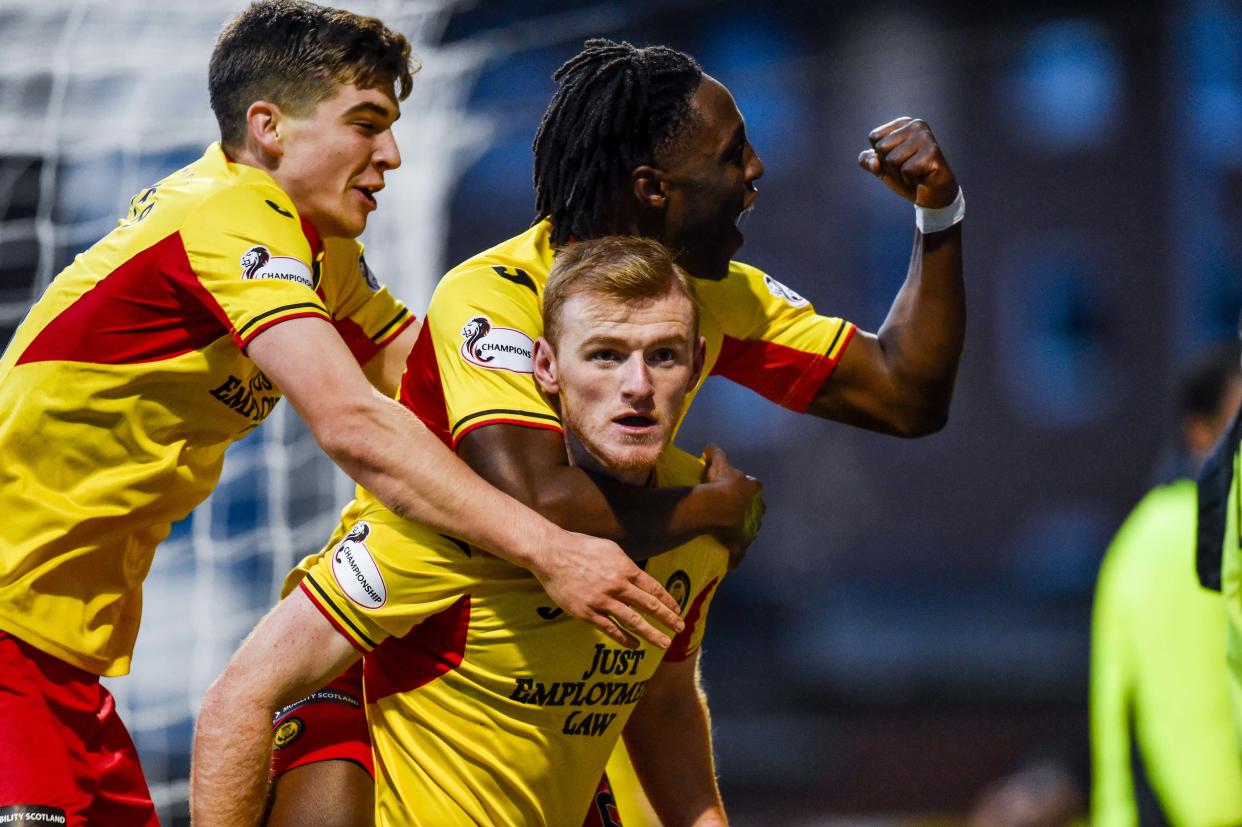 GLASGOW, SCOTLAND - NOVEMBER 09: Partick Thistle's Shea Gordon celebrates mafter scoring to make it 2-1 during the Ladbrokes Championship match between Partick Thistle and Greenock Morton, at The Energy Check Stadium at The Energy Check Stadium at Firhill on November 09, 2019, in Glasgow, Scotland (Photo by Rob Casey / SNS Group via Getty Images)