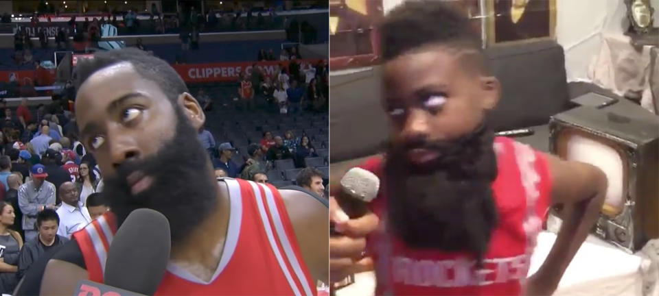 James Harden, meet James Harden. (Screencaps via ROOT Sports, @SugaSham)