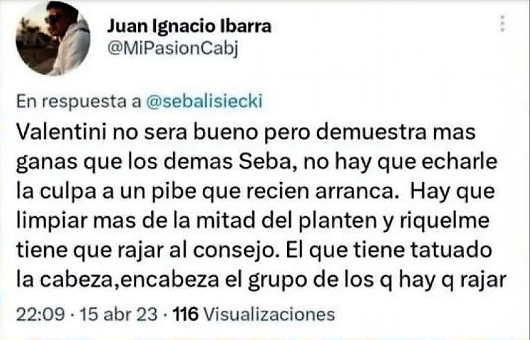 La clara alusión de Juan Ignacio a Darío Benedetto: "Encabeza el grupo de los que hay que rajar"