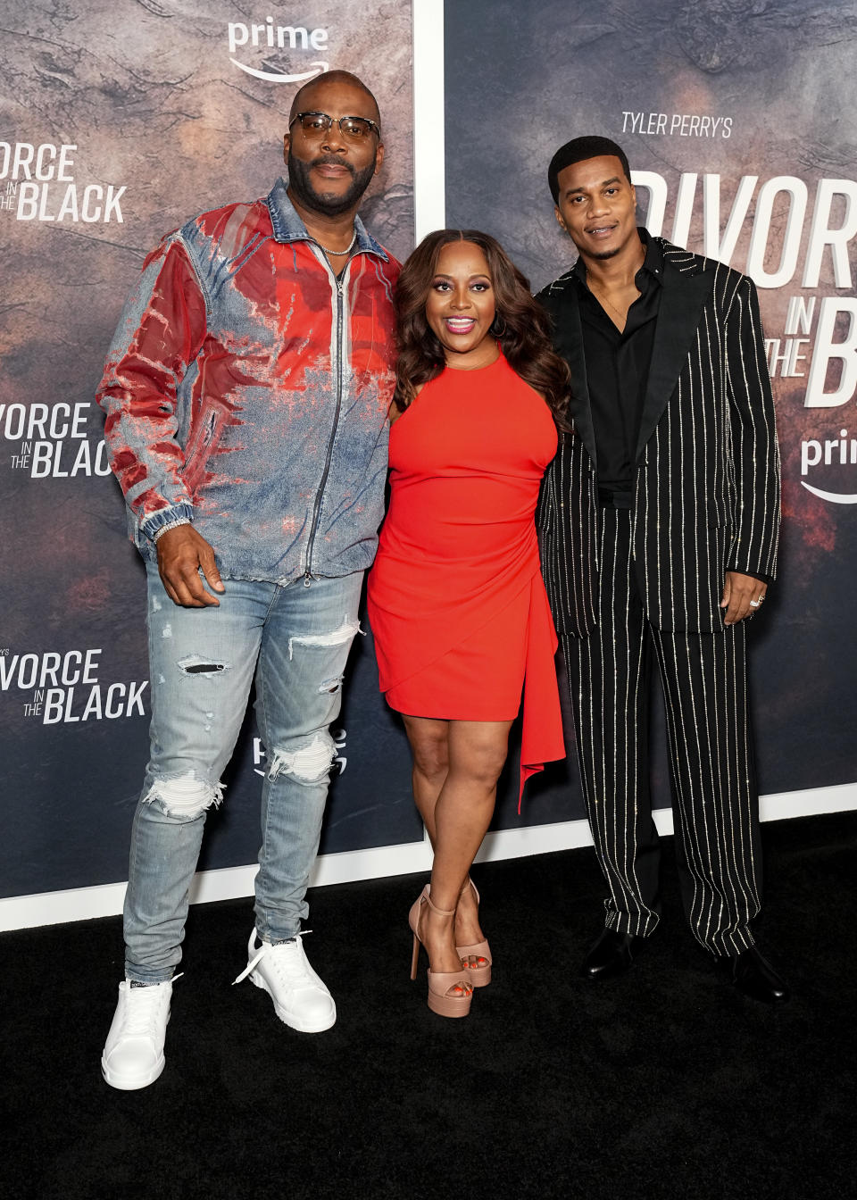 Tyler Perry, Sherri Shepherd and Cory Hardrict at Tyler Perry’s “Divorce In The Black” New York premiere held at the Regal Times Square on July 8, 2024 in New York, New York.