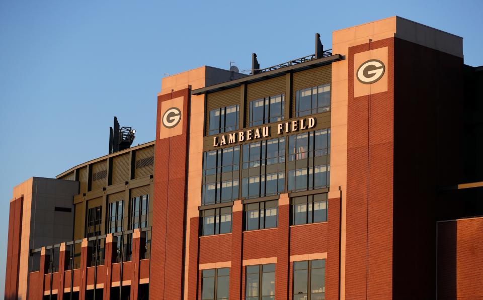 Lambeau Field at sunset on Aug. 14, 2021, in Green Bay, Wis.