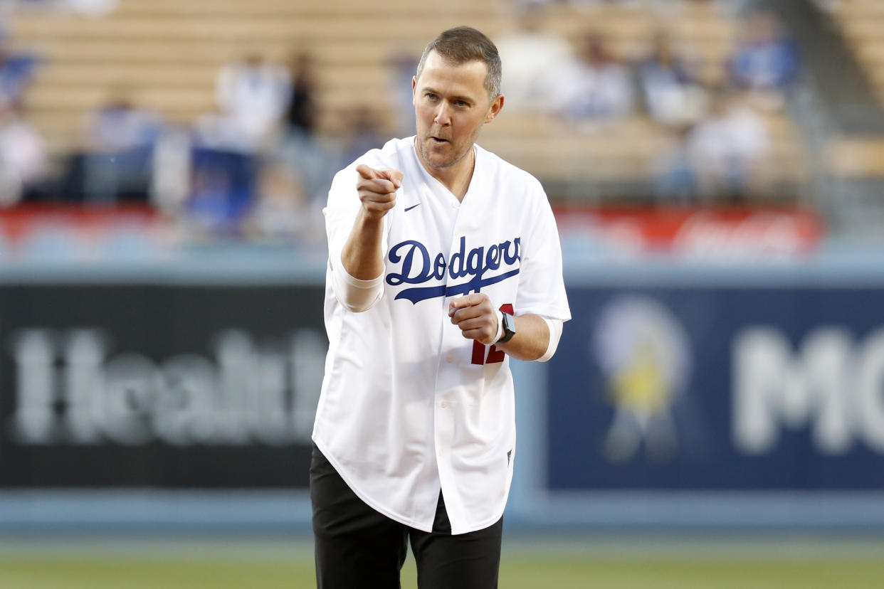 LOS ANGELES, CA - MAY 13: USC Trojand head football coach Lincoln Riley throwing out the first pitch before the start of a game with the Philadelphia Phillies and the Los Angeles Dodgers at Dodger Stadium on Friday, May 13, 2022 in Los Angeles, CA. (Gary Coronado / Los Angeles Times via Getty Images)