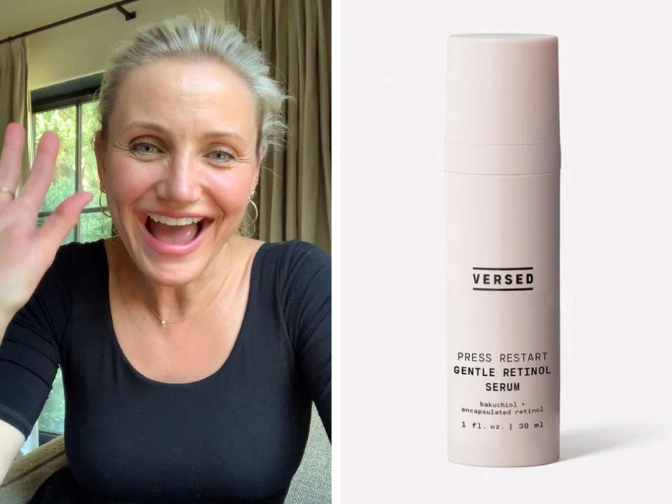 Cameron Diaz waving on left; a bottle of Versed retinol on right