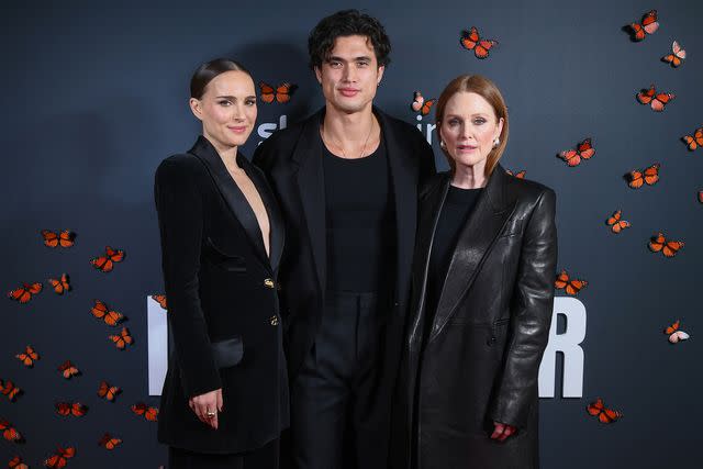 <p>Joe Maher/Getty</p> May December's Natalie Portman, Charles Melton and Julianne Moore