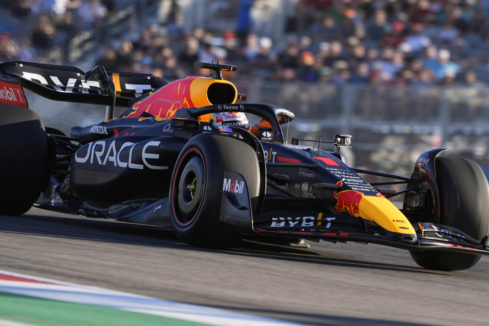 Red Bull driver Max Verstappen, of the Netherlands, heads through a turn during the second practice session for the Formula One U.S. Grand Prix auto race at Circuit of the Americas, Friday, Oct. 21, 2022, in Austin, Texas. (AP Photo/Eric Gay)