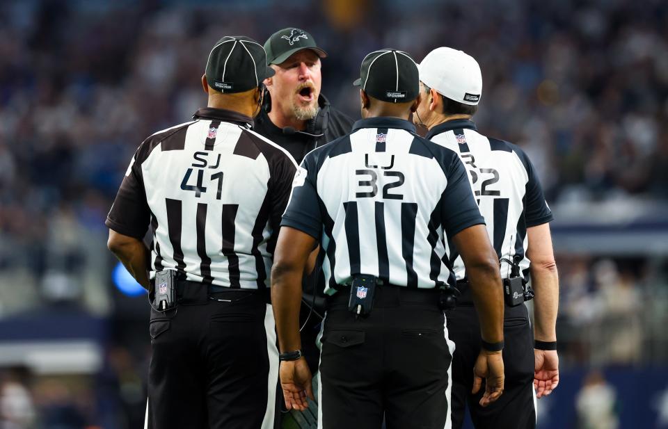 Detroit Lions head coach Dan Campbell argues with officials during the fourth quarter against the Dallas Cowboys at AT&T Stadium.