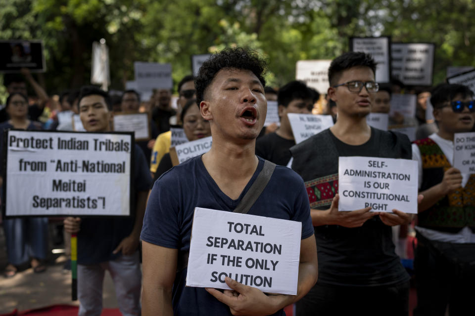 Kuki tribal protestors shout slogans during a demonstration against deadly ethnic clashes in the country's northeastern state of Manipur, in New Delhi, India, Saturday, July, 22, 2023. Protests are being held across the country after a video showed a mob assaulting two women who were paraded naked. Thousands of people, mostly women, held a massive sit-in protest in India's violence-wracked northeastern state of Manipur state demanding immediate arrest of those involved in the harrowing assault. (AP Photo/Altaf Qadri)