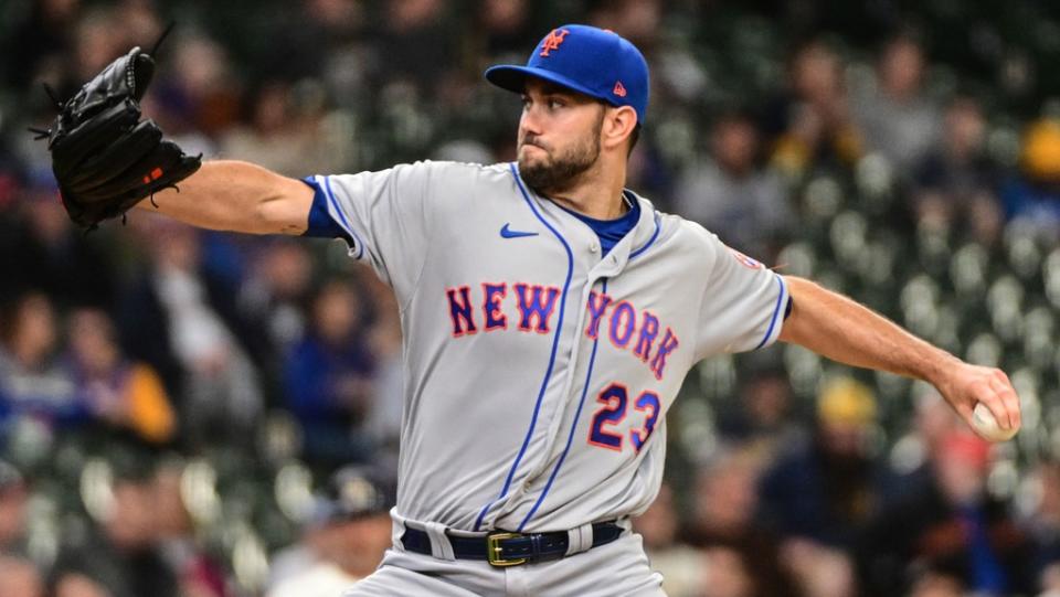 / Apr 5, 2023; Milwaukee, Wisconsin, USA; New York Mets pitcher David Peterson (23) throws a pitch in the first inning against the Milwaukee Brewers at American Family Field.