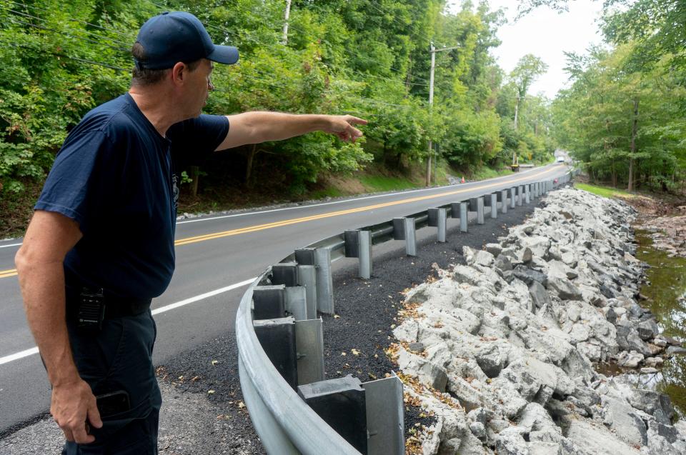 Upper Makefield Fire Chief Tim Brewer shows where the fatal flooding took place July 15, 2023 along Washington Crossing Road on Monday, Aug. 14, 2023. Brewer led the rescue, search and recovery efforts.