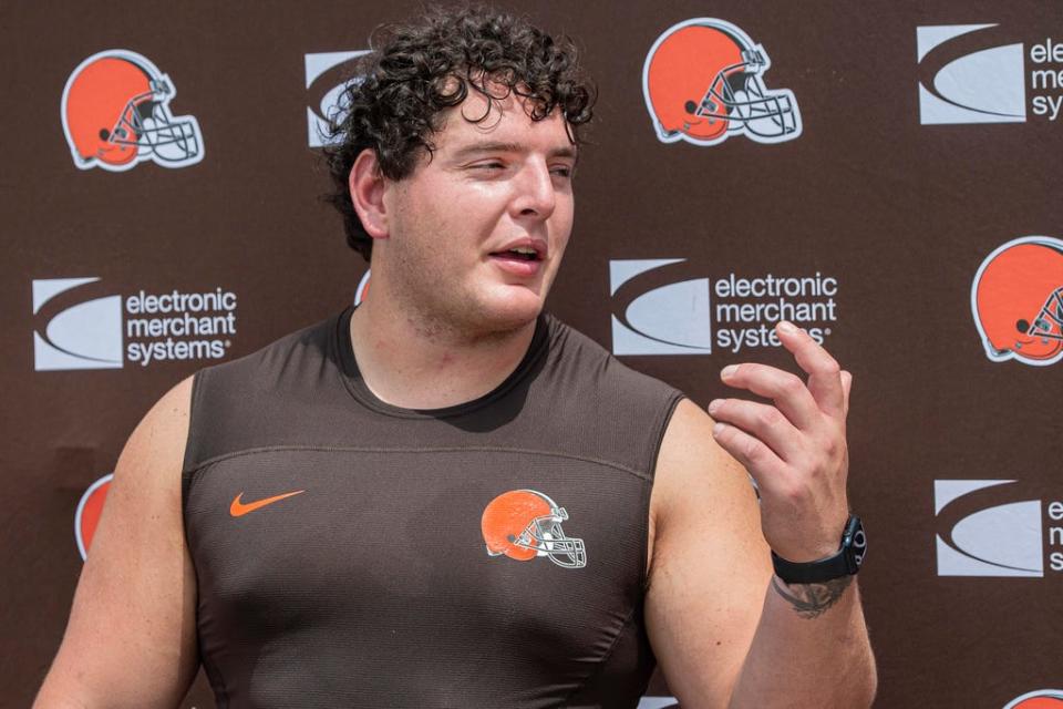 Cleveland Browns' Luke Wypler speaks to reporters before the NFL football team's rookie minicamp on Friday, May 12.