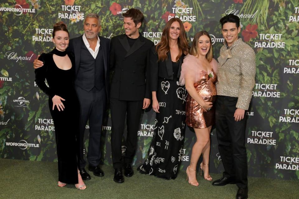 Pregnant Lourd with Ticket To Paradise  co-stars  Kaitlyn Dever, George Clooney, Lucas Bravo, Julia Roberts,and Maxime Bouttier at the  film’s London premiere on Wednesday (Dave Benett)