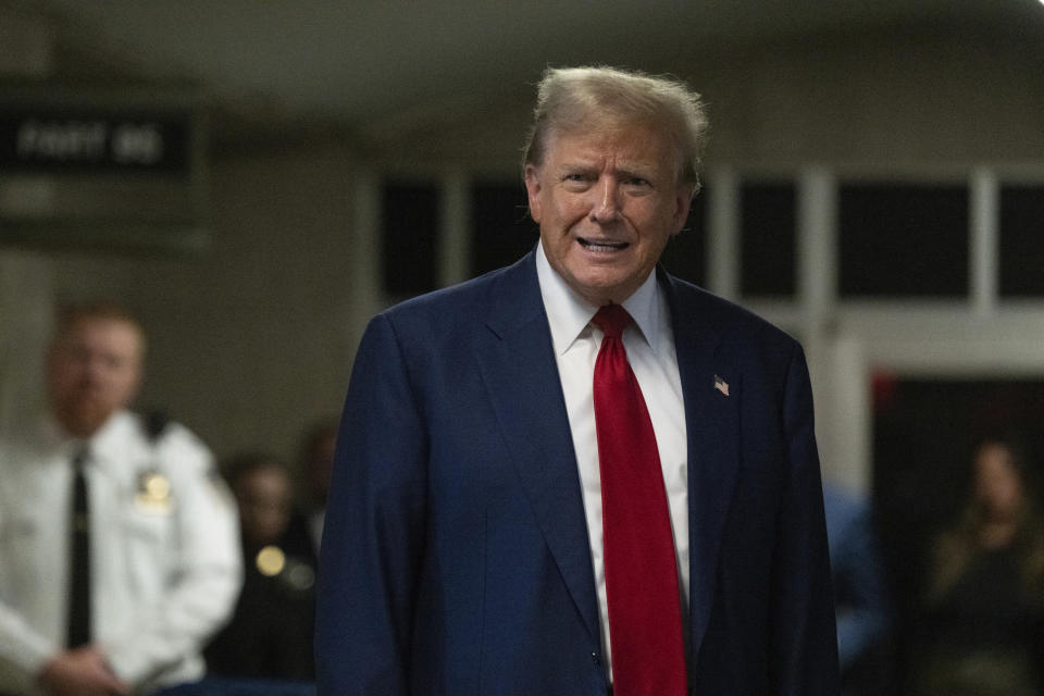 Former President Donald Trump speaks to reporters at Manhattan Criminal Court in New York, Tuesday, April 30, 2024. (Victor J. Blue/The Washington Post via AP, Pool)