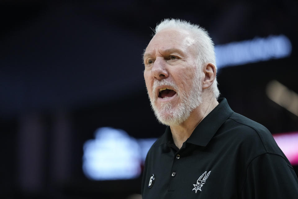 San Antonio Spurs head coach Gregg Popovich reacts during the first half of an NBA basketball game against the Golden State Warriors in San Francisco, Monday, Nov. 14, 2022. (AP Photo/Godofredo A. Vásquez)