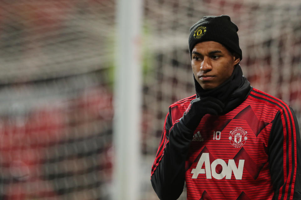 MANCHESTER, ENGLAND - JANUARY 15: Marcus Rashford of Manchester United during the FA Cup Third Round Replay match between Manchester United and Wolverhampton Wanderers at Old Trafford on January 15, 2020 in Manchester, England. (Photo by Matthew Ashton - AMA/Getty Images)