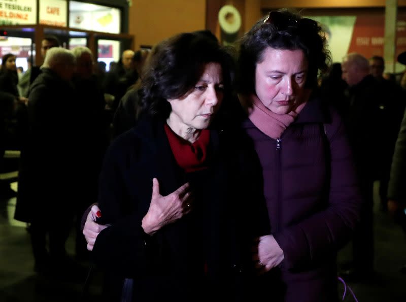 Ayse Bugra, wife of Osman Kavala, Turkish businessman and philanthropist, leaves the restaurant after learning that Istanbul prosecutor's office demanded the detention of her husband, in Silivri