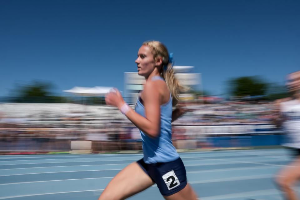 Westlake’s Shelby Jensen runs her way to first place in the 6A girls 3,200-meter finals at the Utah high school track and field championships at BYU in Provo on Thursday, May 18, 2023. | Spenser Heaps, Deseret News