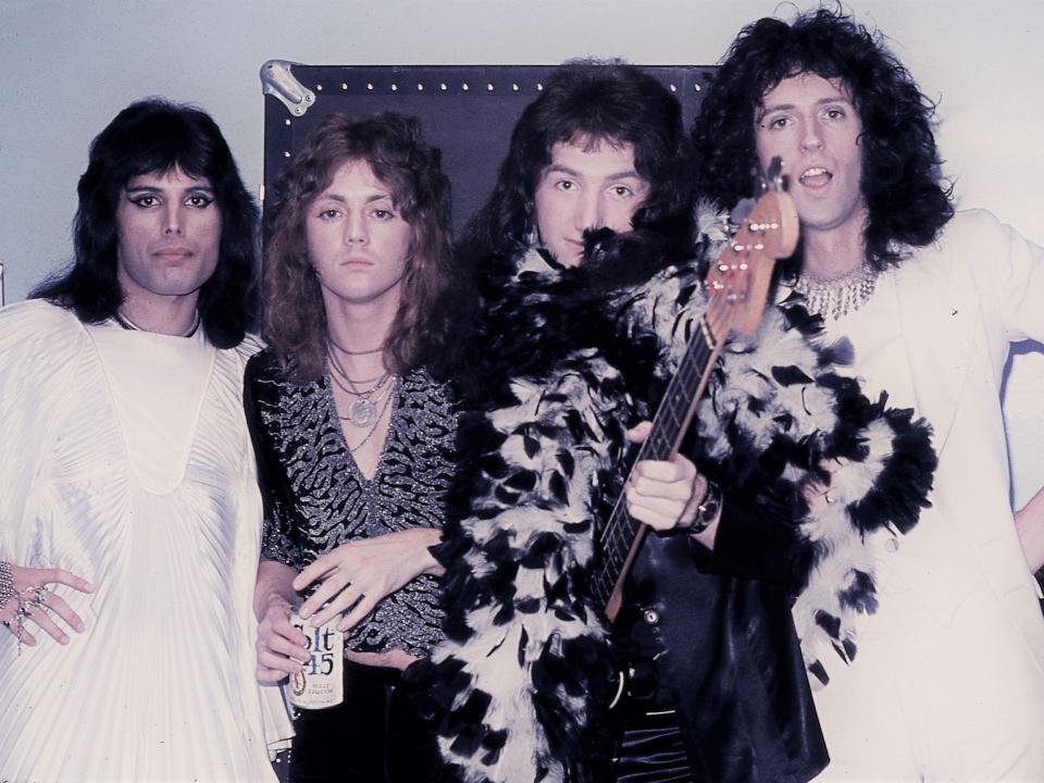 During a run of May 1974 shows as support act for Mott the Hoople at the Uris Theatre in midtown Manhattan, Queen poses backstage. (L-R) singer Freddie Mercury, drummer Roger Meddows Taylor, bassist John Deacon and guitarist Brian May.