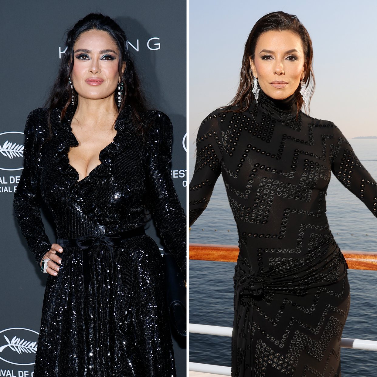 Salma Hayek y Eva Longoria. Victor Boyko/Getty Images for Air Mail/Warner Brothers Discovery; Mike Coppola/Getty Images 