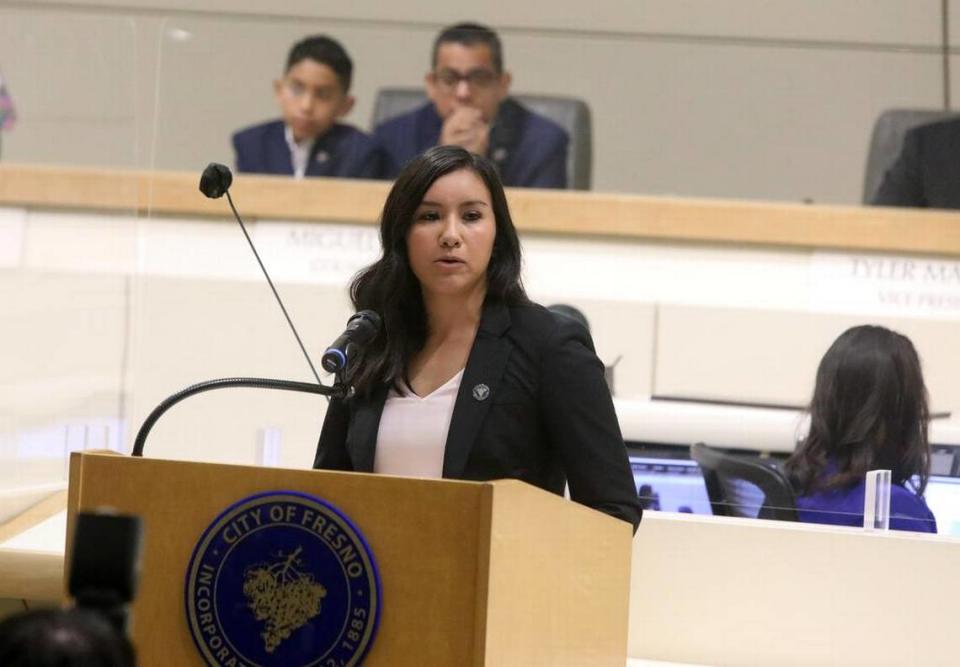 Fresno City Council Vice President Annalisa Perea touted her background as a city planner during remarks after being sworn in at City Hall on Jan. 5, 2023.