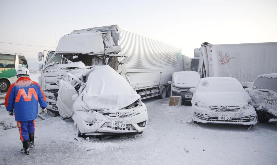 General view shows the site where cars were involved in a series of crashes when a snow storm struck a stretch of highway on the Tohoku Expressway in Osaki, Miyagi prefecture, northern Japan January 19, 2021. Kyodo via REUTERS ATTENTION EDITORS - THIS IMAGE WAS PROVIDED BY A THIRD PARTY. MANDATORY CREDIT. JAPAN OUT. NO COMMERCIAL OR EDITORIAL SALES IN JAPAN.