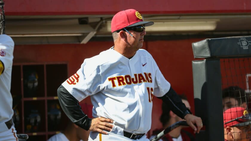 USC baseball coach Jason Gill watches his team during the 2021 season.