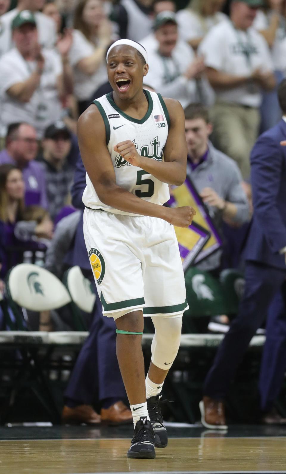 Michigan State guard Cassius Winston reacts after scoring during second half of MSU's 79-50 win on Wednesday, Jan. 29, 2020, at the Breslin Center.