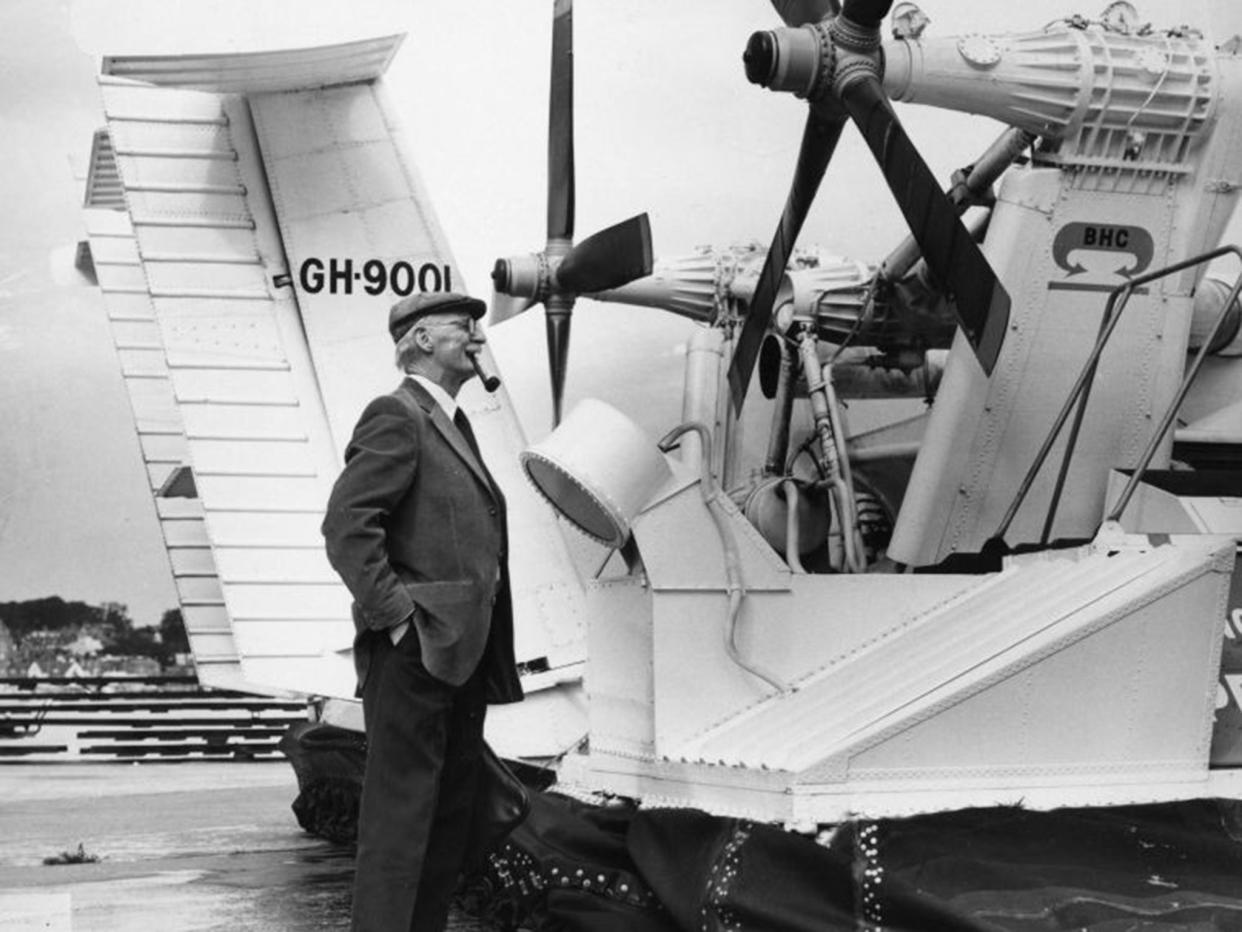 Christopher Cockerell, the inventor of the hovercraft, inspecting the new twin propeller in 1973 (Getty)