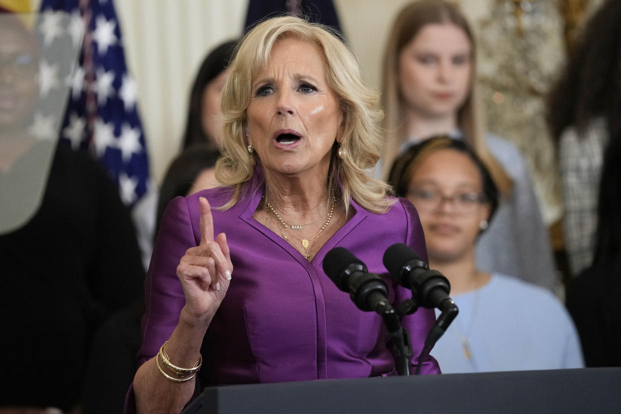 First lady Jill Biden speaks during an event in the East Room of the White House in Washington, Wednesday, March 22, 2023, to celebrate women's history month. (AP Photo/Susan Walsh)