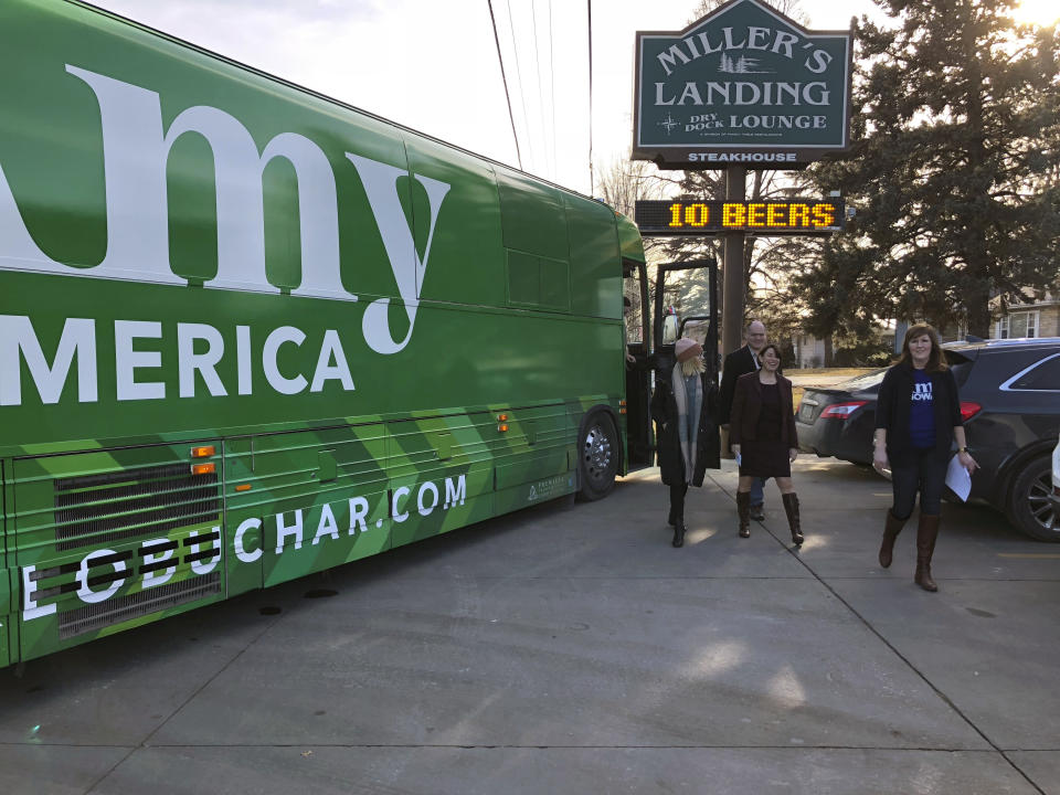 Democratic presidential candidate Amy Klobuchar arrives at a campaign event Friday, Dec. 27, 2019 in Humboldt, Iowa. The stop in rural Humboldt County completes the Minnesota senator's tour of all 99 Iowa counties. (AP Photo/Sara Burnett)