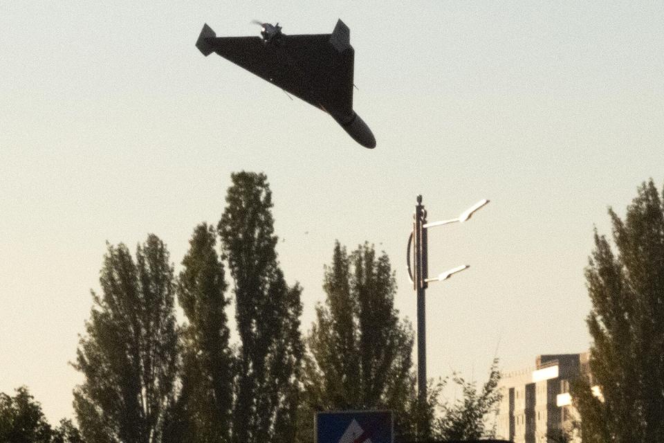 A drone approaches for an attack in Kyiv on October 17, 2022, amid the Russian invasion of Ukraine.