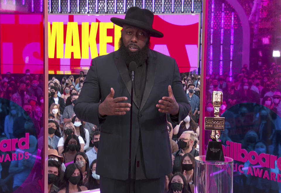 In this video image provided by NBC, Trae the Truth accepts the change maker award during the Billboard Music Awards on Sunday, May 23, 2021. (NBC via AP)